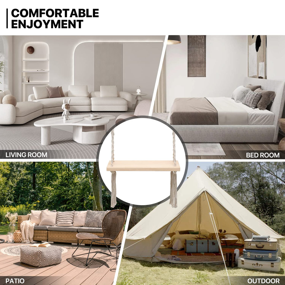 MoNiBloom Wooden Swing with Tassels, Outdoor Swing Seat for Adults with 350 lbs Capacity, Backyard Adjustable Rope Swing for Tree, Indoor/Outdoor Hanging Wood Swing Sets for Patio Garden Playground MoNiBloom