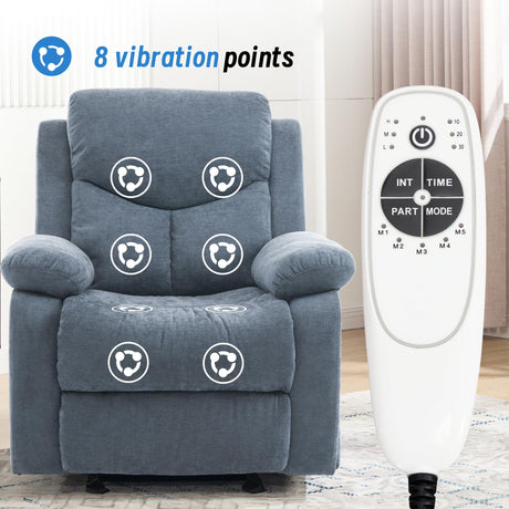 Sftaiyou Manual Rocker Recliner Chair for Adults with Vibration Massage,Glider Rocking Recliner Chairs for Living Room Bedroom Overstuffed Soft Reclining Sofa Chair with Pockets(Blue) Sftaiyou