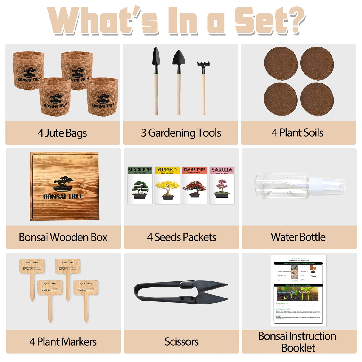 Sproutix Bonsai Garden Starter Kit, 4 Seeds Growing into Sakura, Ginkgo, Black Pine, Red Flame, Including Complete Gardening Tools & A Wooden Box with Cover, Christmas Gifts for Men Women Beginners SPROUTIX