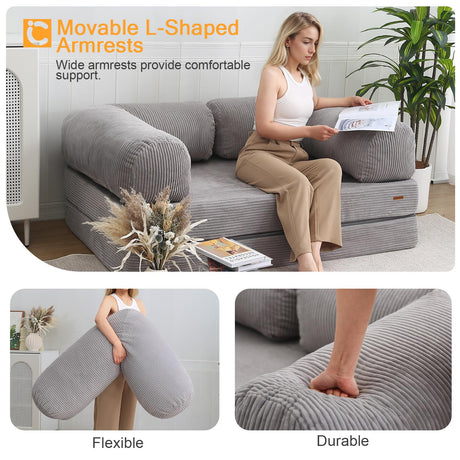 COMAX Folding Sofa Bed Queen, 4-in-1 Foldable Floor Couch Convertible Futon Sofa with Armrests Sleeper Mattress Chair Bed Comfy Portable Fold Out Lounge Guest for Living Room Bedroom, Light Grey COMAX