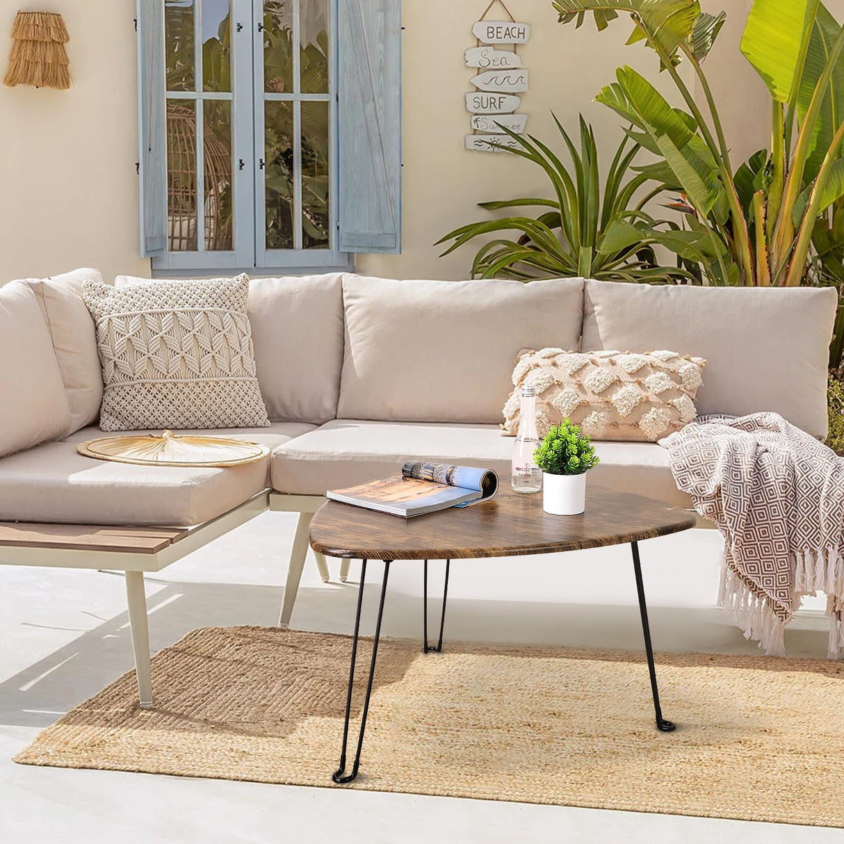 FEUFOAM Folding Coffee Table Triangle Designs Oval Coffee Tables Mid Century Wooden Triangular Accent Table with Metal Legs Foldable Industrial Sofa Center Table for Living Room Space Saving FEUFOAM