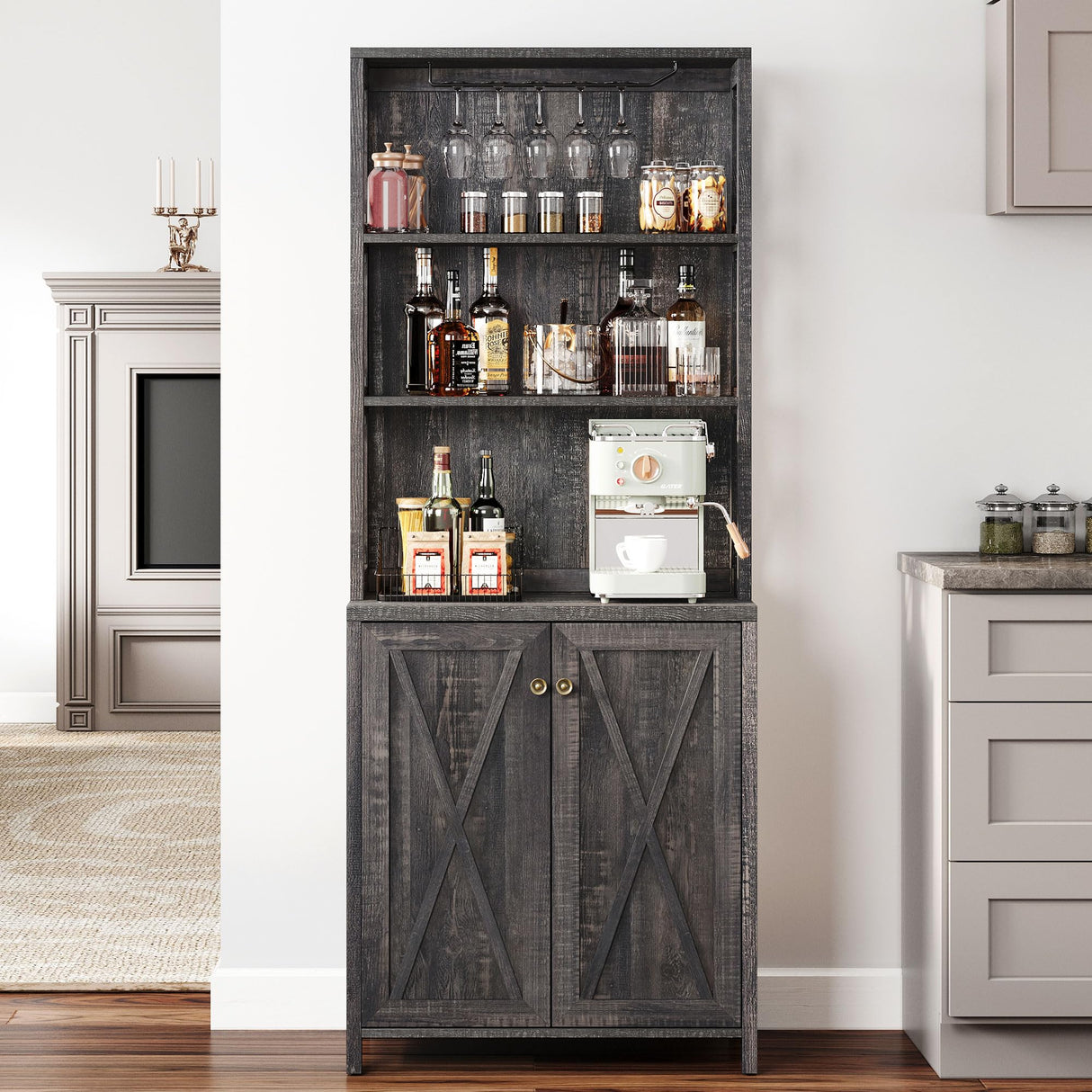DWVO 67" Tall Wine Bar Cabinet for Liquor and Glasses, Farmhouse Kitchen Cabinet Coffee Bar with Adjustable Shelves, Open Storage Shelves, Buffet Kitchen Cabinet for Dinning Room, Kitchen, Rustic Oak DWVO