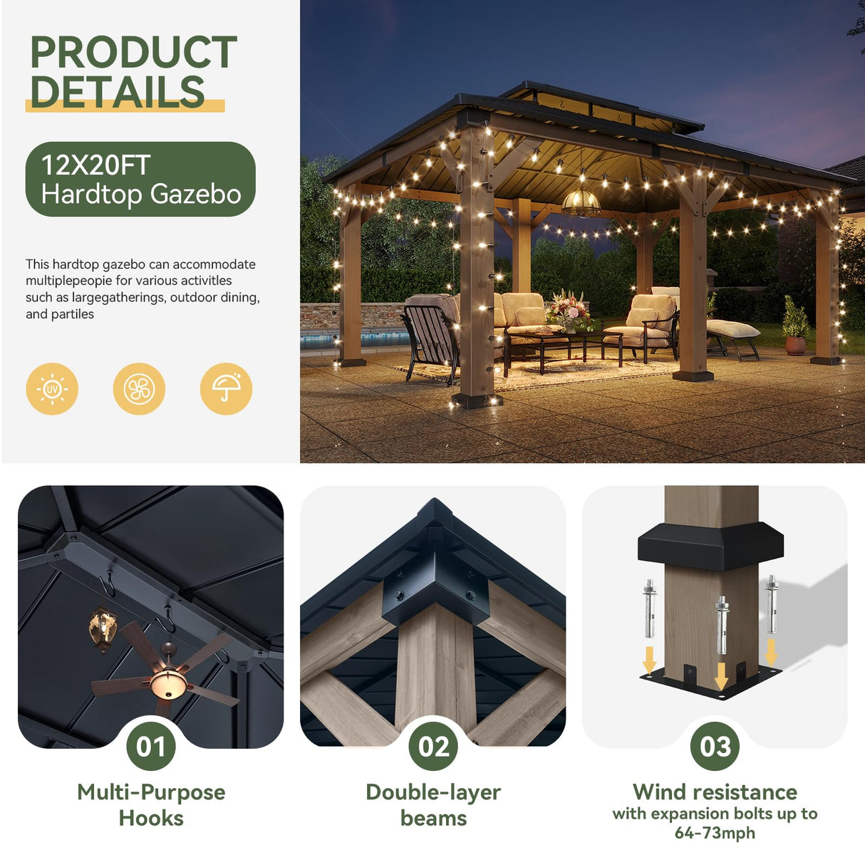 Aoxun 12' x 20' Outdoor Wood Gazebo, Hardtop Gazebo Permanent Wooden Pavilion with Galvanized Steel Double Roof, for Patio, Garden, Backyard, Cedar Wood Aoxun