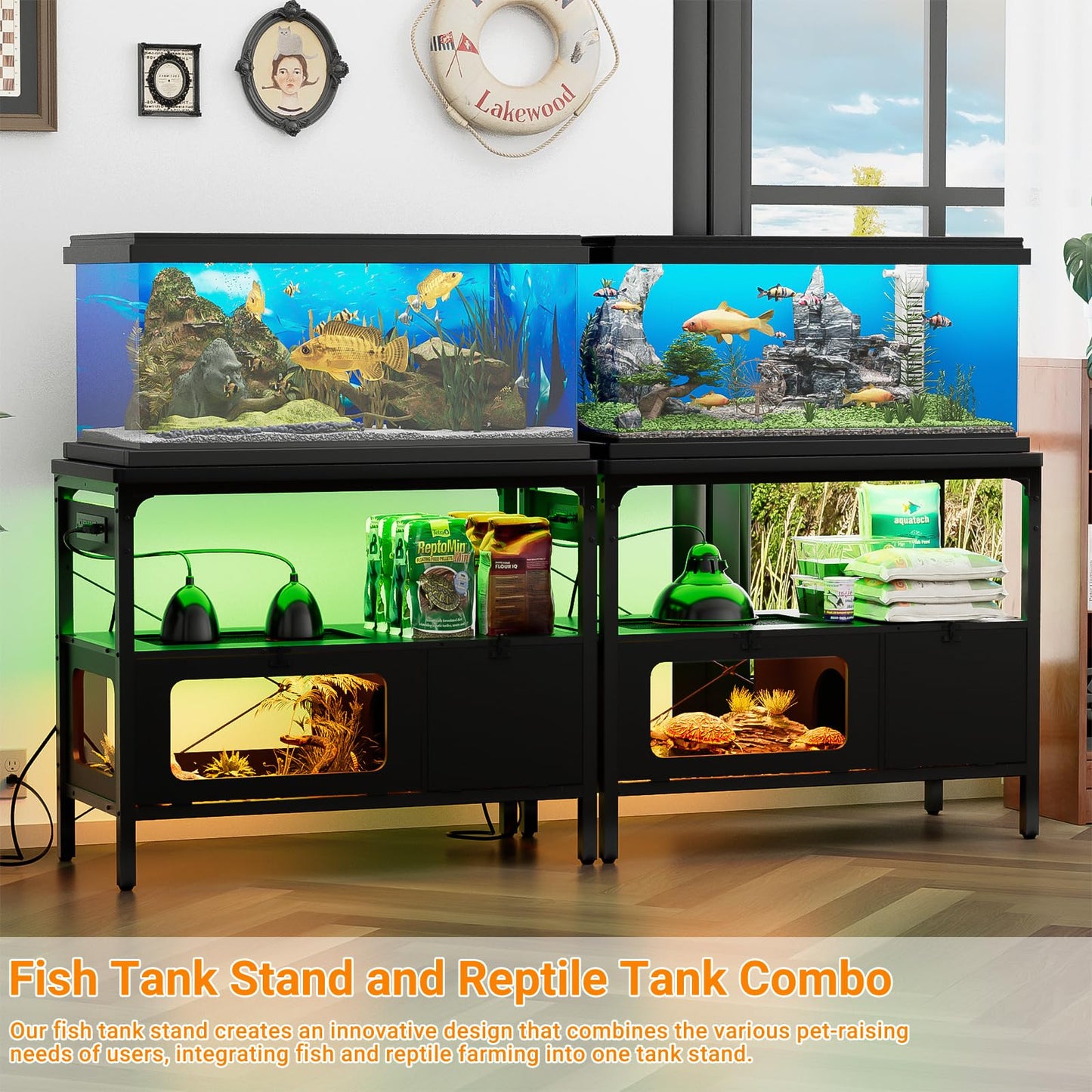 Hyomdeck 40 Gallon Fish Tank Stand with Reptile Tank and Power Outlet, Metal Aquarium Stand with Removable LED Light and Tortoise Habitat, Snake/Turtle Tank with Anti Escape Door, Acrylic Gla - WoodArtSupply