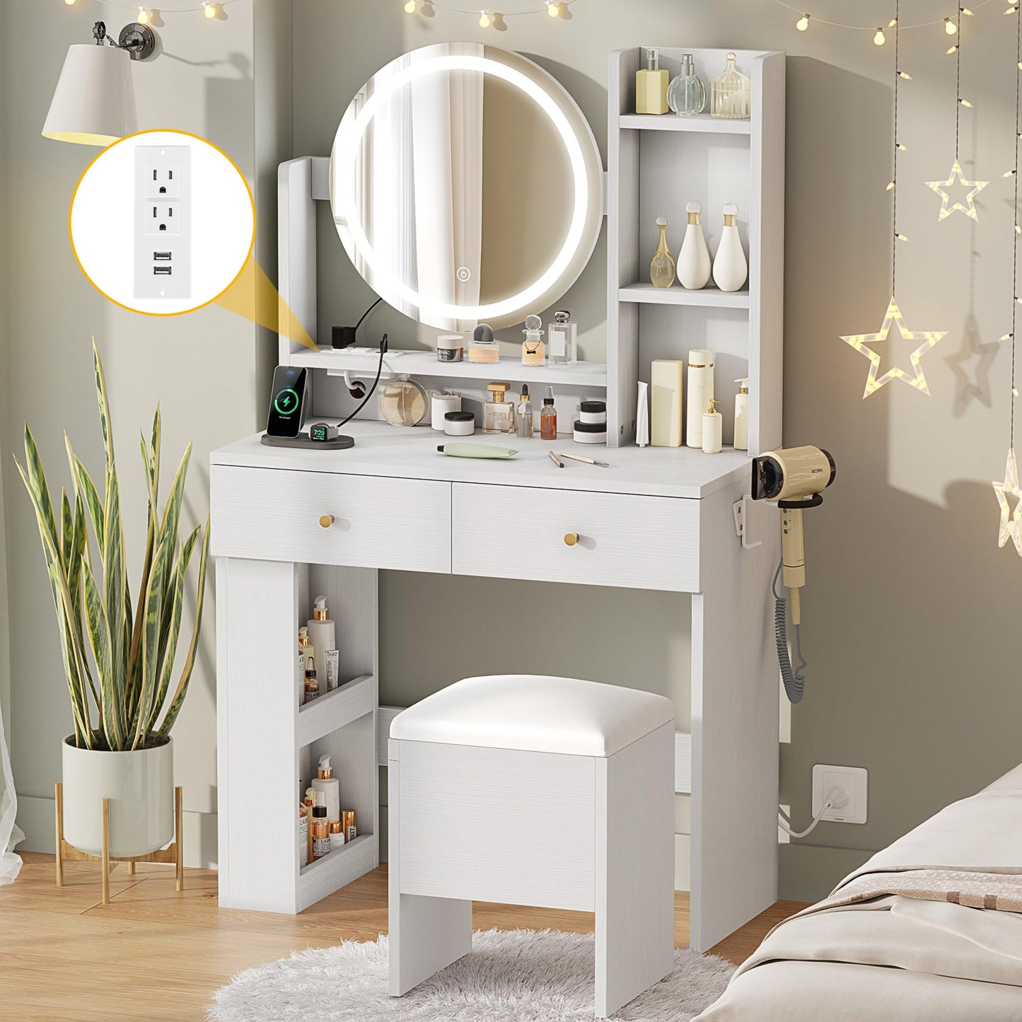 YITAHOME Vanity Desk Set with Large LED Lighted Mirror & Power Outlet - Makeup Table with 2 Drawers, 3 Open Shelves & Hair Dryer, Storage Stool for Bedroom, White - WoodArtSupply