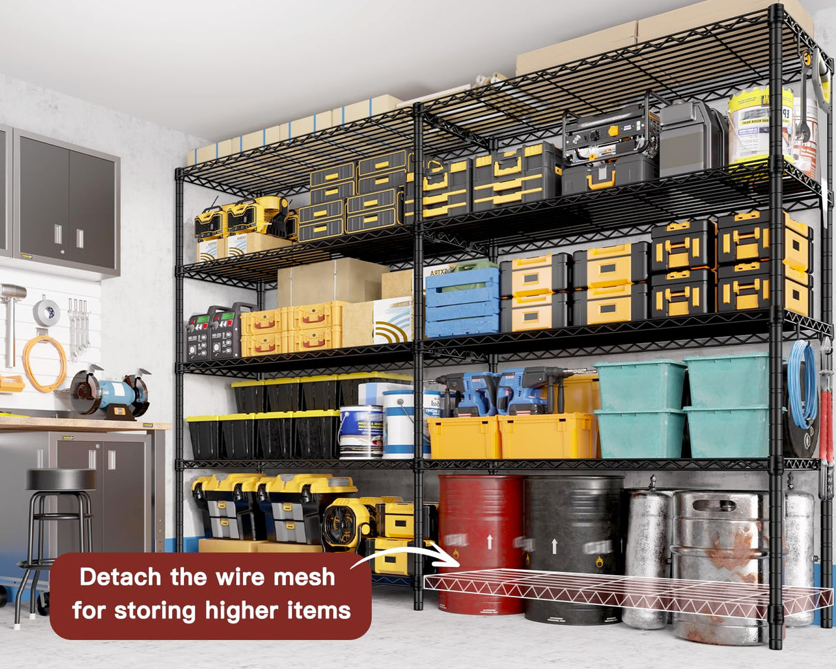 PrimeZone 72" W x 16" D x 76" H Adjustable Garage Shelving, 5 Tier Heavy Duty Metal Storage Shelves, Steel Wire Rack Storage Shelving Organizer for Warehouse, Kitchen, Pantry, Garage, Basement, Black PrimeZone