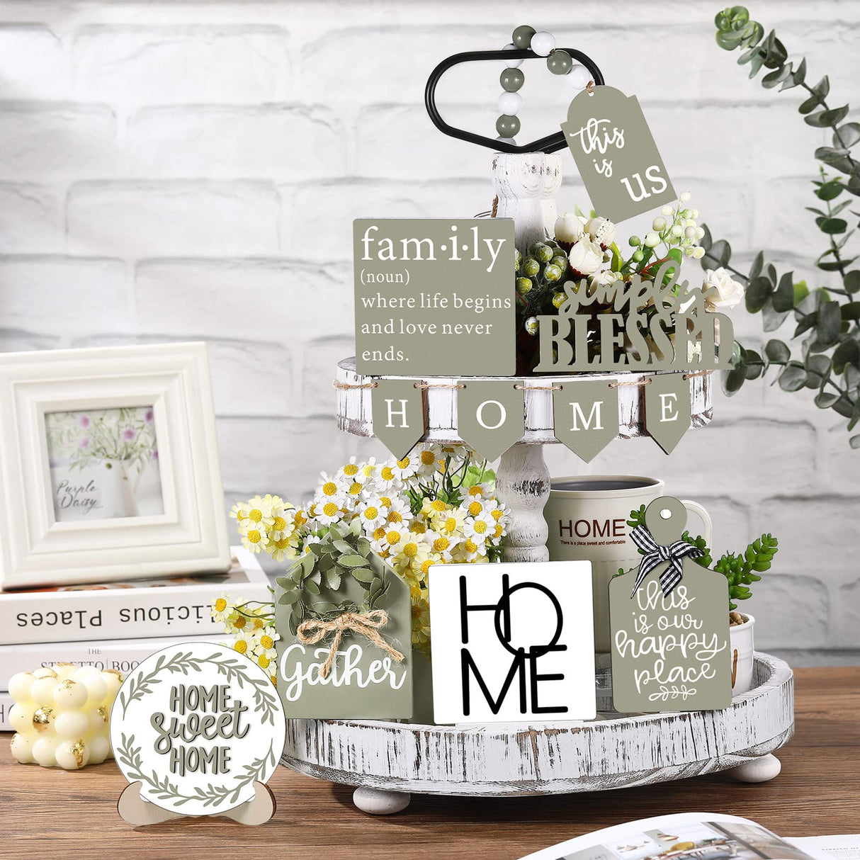 Two Tiered Tray with 11 Pcs Wooden Signs, Farmhouse Tiered Tray Decor Set Rustic Wood Home Kitchen Table Stand Decor Decorative Table Shelf Centerpiece(Stylish Style) Patelai