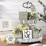 Two Tiered Tray with 11 Pcs Wooden Signs, Farmhouse Tiered Tray Decor Set Rustic Wood Home Kitchen Table Stand Decor Decorative Table Shelf Centerpiece(Stylish Style) Patelai