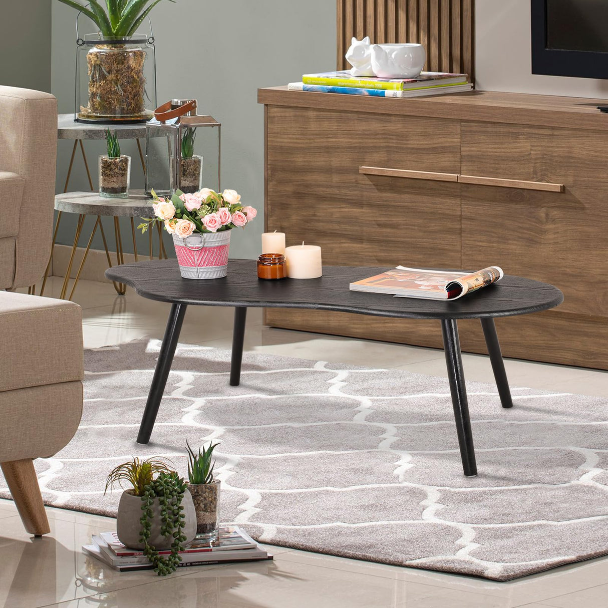 Small Coffee Table Black Cloud Coffee Table for Small Spaces Modern Center Table Unique Irregular Coffee Table with Wood Legs Living Room Mid-Century Sofa Table FEUFOAM