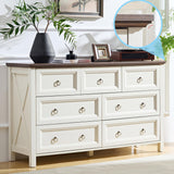 OKYCI Farmhouse 7 Drawer Dresser, Long Wood Chest of Drawers with 1.2" Thickened Top - 54" W x 31.5" H,Antique White OKYCI