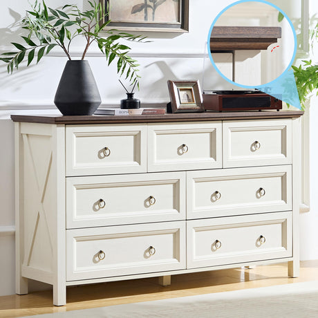 OKYCI Farmhouse 7 Drawer Dresser, Long Wood Chest of Drawers with 1.2" Thickened Top - 54" W x 31.5" H,Antique White OKYCI