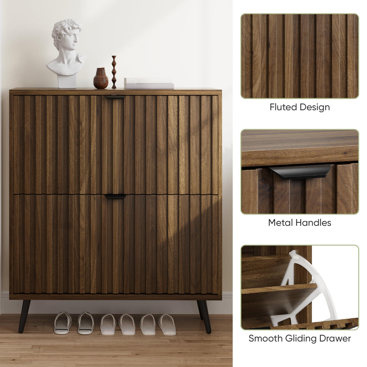 Smuxee Shoe Cabinet with 2 Flip Drawers, 31.5" Walnut Hidden Shoe Storage Cabinet with Fluted Design, Freestanding Shoe Organizer Cabinet for Entryway, Hallway, Closet, Living Room Smuxee