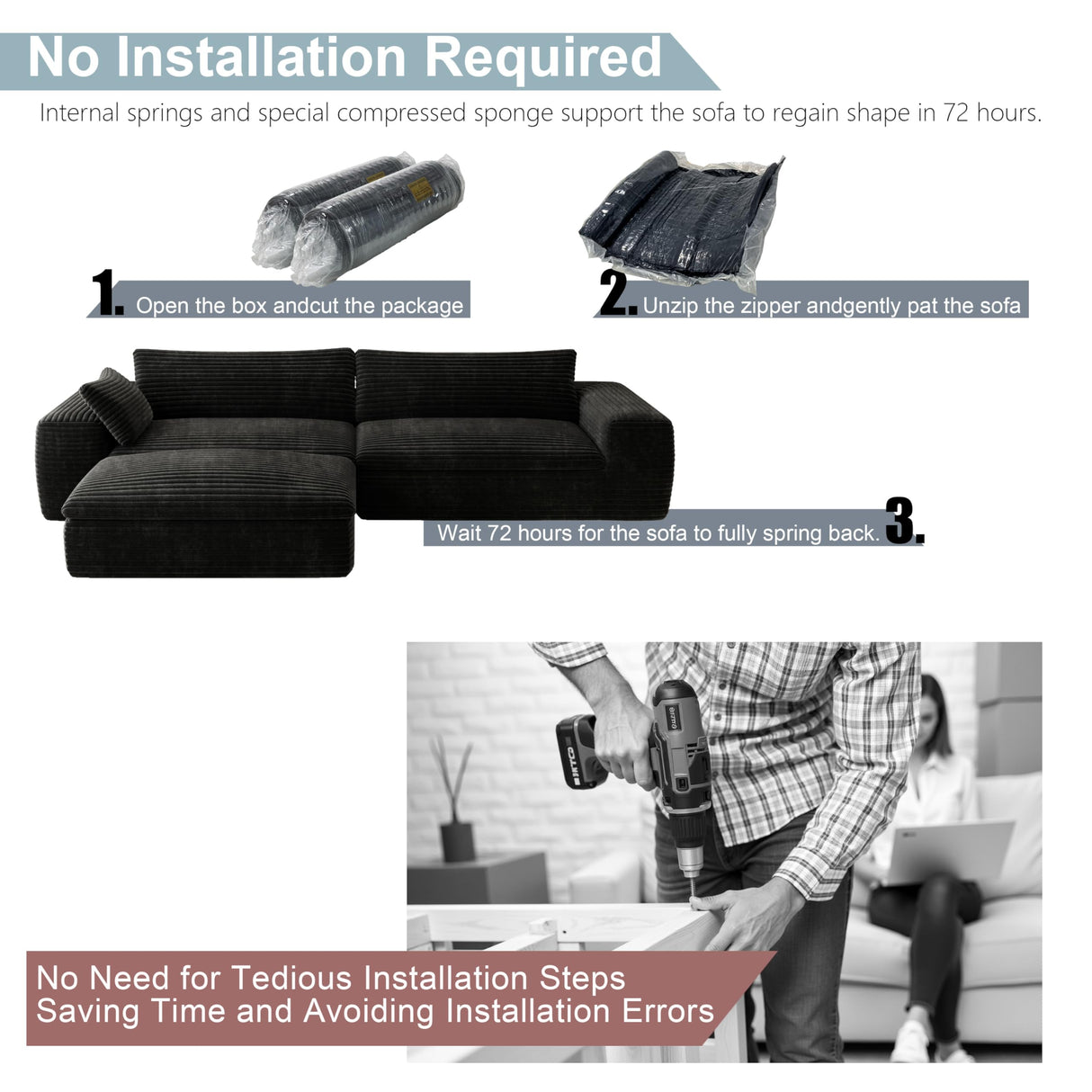 Yomsum 184'' Living Room Sectional Couch with Double Layer Black Plush Corduroy Fabric, 6 Seater Boneless L Shaped Cloud Couch in a Box, No Assembly Modular Sectional Sofa Bed with Ottoman Yomsum