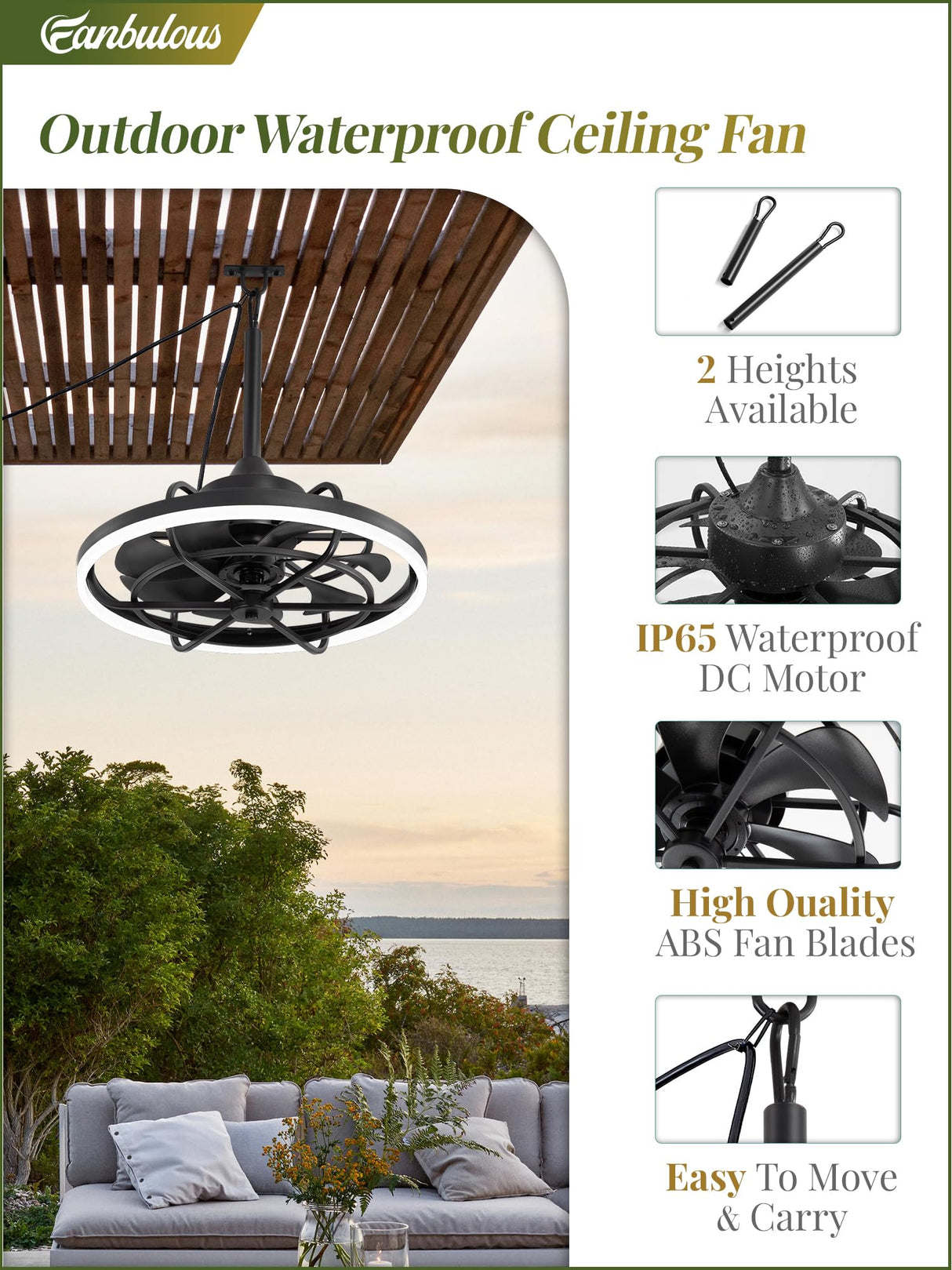 Fanbulous Outdoor Ceiling Fans with Light for Patios, 20" Weatherproof Plug in Ceiling Fan, Gazebo Fan Remote&APP Control, 3CCT Dimmable,Caged Ceiling Fan with Hanging Hook for Porch, Pergola,Canopy Fanbulous