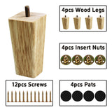 bociloy 4PCS 4 Inch Solid Wood Furniture Legs, Square Wooden Sofa Couch Feet Leg Replacement for Desk Cabinet Bench Dresser Chair Bookcase Risers Parts, Log Stain bociloy