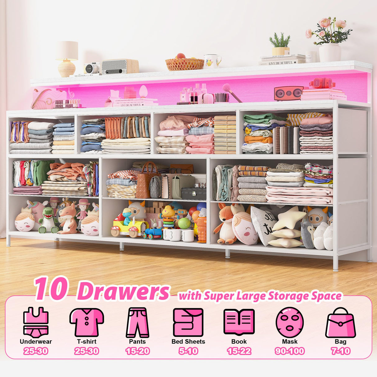 EnHomee 55" W White Dresser for Bedroom with 10 Drawers Long Dressers & Chests of Drawers with LED Lights & Power Outlets Large Dresser for Bedroom Dresser for Closet, Hallway, Metal Frame, White EnHomee