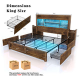 LUXOAK Rustic Brown King Bed Frame with Bookcase Headboard, RGB LED, Charging Station, and Storage Drawers LUXOAK