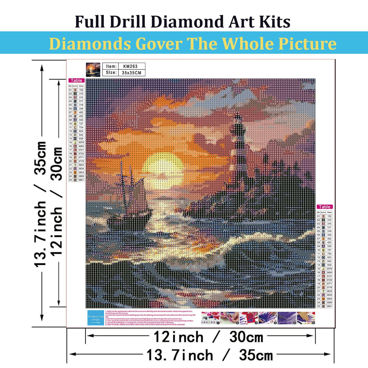 5D Diamond Painting Kits for Adults, Sea Sunset Lighthouse Diamond Art for Beginners, DIY Full Round Drill Paint by Diamonds Dot Gem Art for Adults, Home Wall Decor 13.7x13.7 Inch Mosaflare