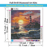 5D Diamond Painting Kits for Adults, Sea Sunset Lighthouse Diamond Art for Beginners, DIY Full Round Drill Paint by Diamonds Dot Gem Art for Adults, Home Wall Decor 13.7x13.7 Inch Mosaflare