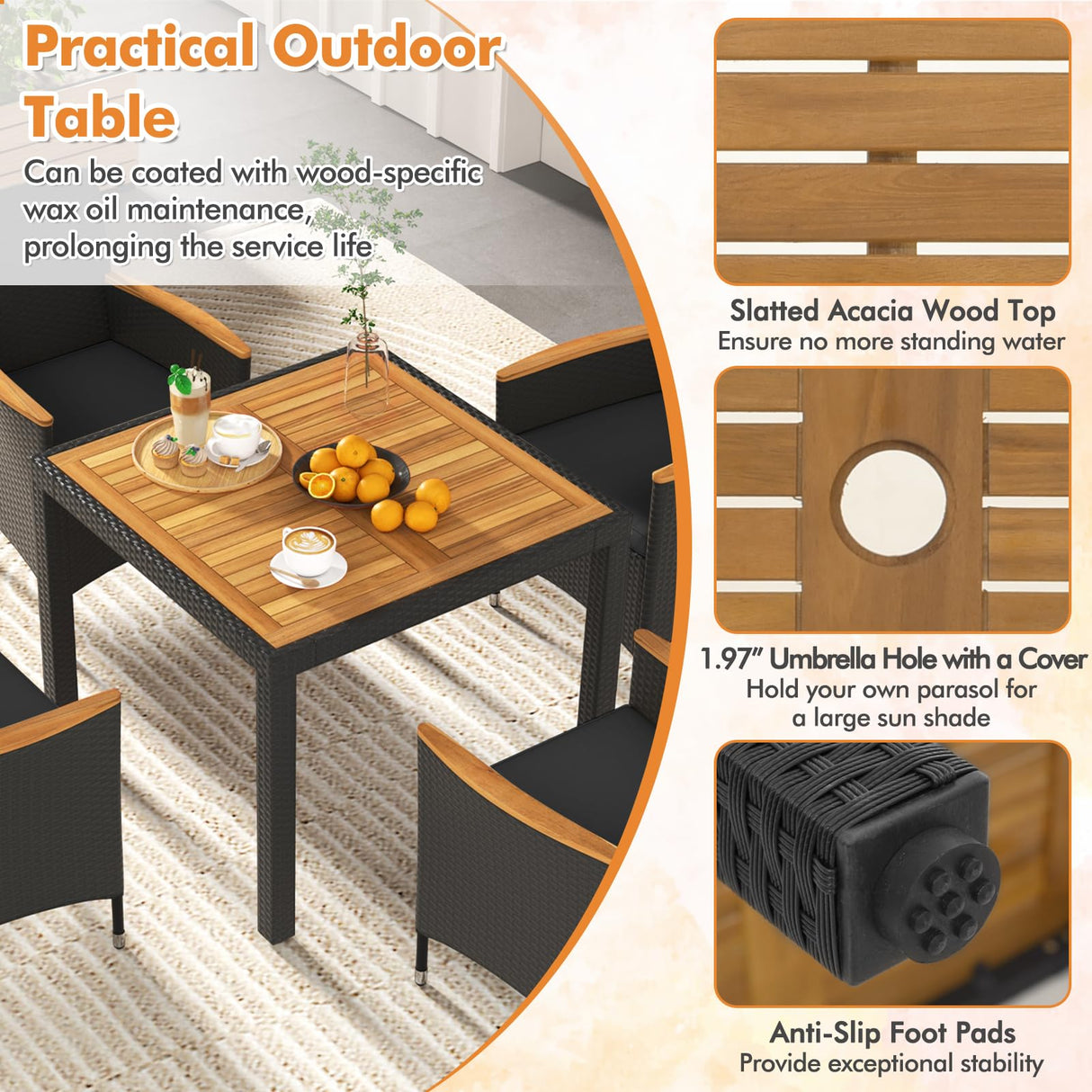 Tangkula 5 Pieces Patio Dining Table Set for 4, Rattan Conversation Set with Umbrella Hole, Seat Cushions & Acacia Wood Tabletop, Outdoor Dining Table with 8 Chairs for Backyard (Black) Tangkula