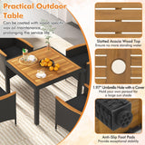 Tangkula 5 Pieces Patio Dining Table Set for 4, Rattan Conversation Set with Umbrella Hole, Seat Cushions & Acacia Wood Tabletop, Outdoor Dining Table with 8 Chairs for Backyard (Black) Tangkula