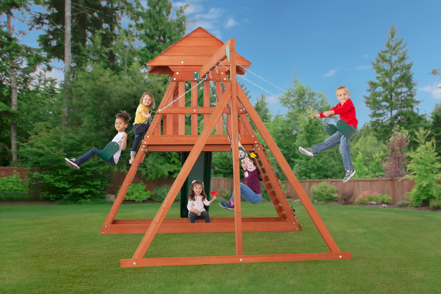 Cedar Chalet Wooden Backyard Playset | W: 213" D: 109" H: 111" | w/ 2 Belt Swings & Trapeze | Kids Age 3-10 | Sandbox, Slide & Climbing Wall | DIY Assembly | ASTM Standards | 10-Year Warranty on Wood