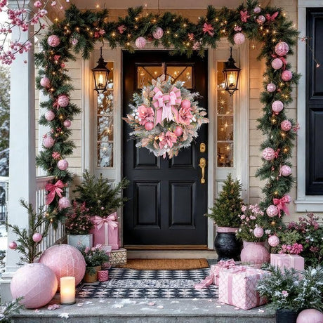 22inch Christmas Pink Wreath for Front Door with 30 LED Lights,Elegant Magnolia Christmas Door Wreath,Festive Holiday Decor, Frosted Winter Pink Decorations for Wedding Vofuly