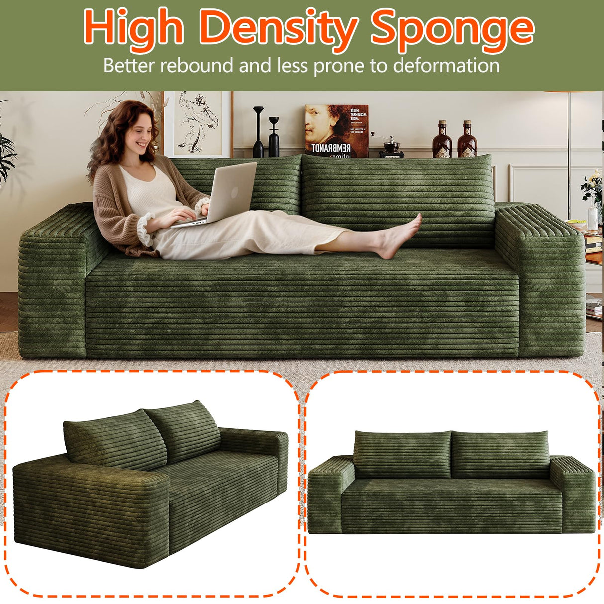 63" Cloud Loveseat Sofa - Boneless Deep Seat 2-Seater, No Assembly Foam Floor Couch, Plush Corduroy Fabric, Modern Living Room Sofa for Small Space Apartment, Bedroom, Office (Green, 63") Klwenas Maec