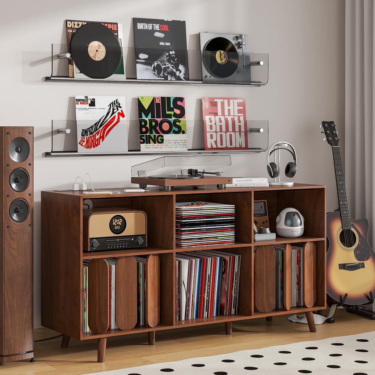 Oubayajia Large Record Player Stand With Power Outlet - Vinyl Storage Holder and Turntable Table (Walnut, 55.11''W*15.74''D*29.52''H) Oubayajia