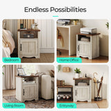 LINSY Farmhouse Night Stand Set of 2, 18.9” Wood End Table with Charging Station, Side Table for Bedroom, Living Room, Couch with USB Ports and Outlets, Nightstand with Storage, Beige LINSY