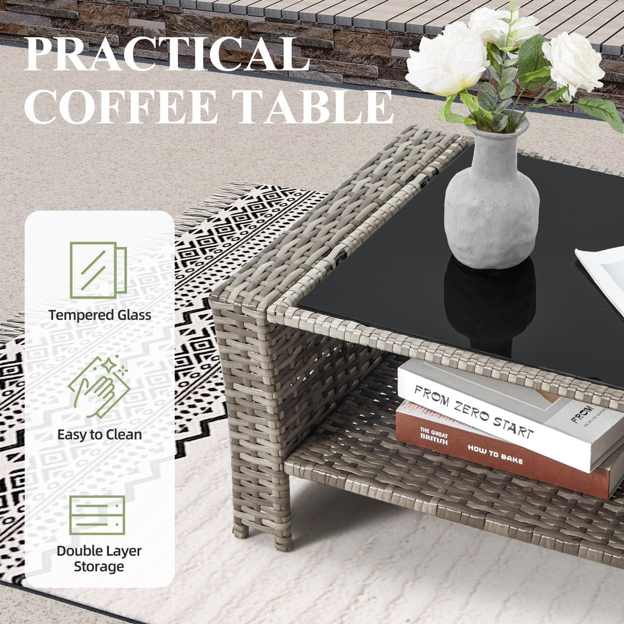 GYUTEI 6 Piece Patio Furniture Set, Outdoor Sectional Conversation Rattan Sofa Set with Ottoman and Outdoor Storage Table for Garden, Porch, Backyard (Dark Gray) GYUTEI