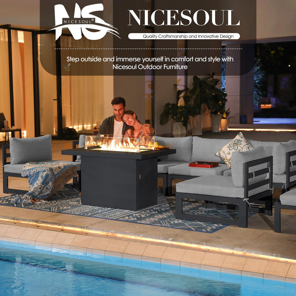 NICESOUL® 6 Piece Extra Large Grey Aluminum Frame Outdoor Patio Furniture Set with Fire Pit Table, 29'' Deep Wide Seating Sofa Conversation, L Shape Modular Sectional Couches for Backyard, Light Grey NICESOUL