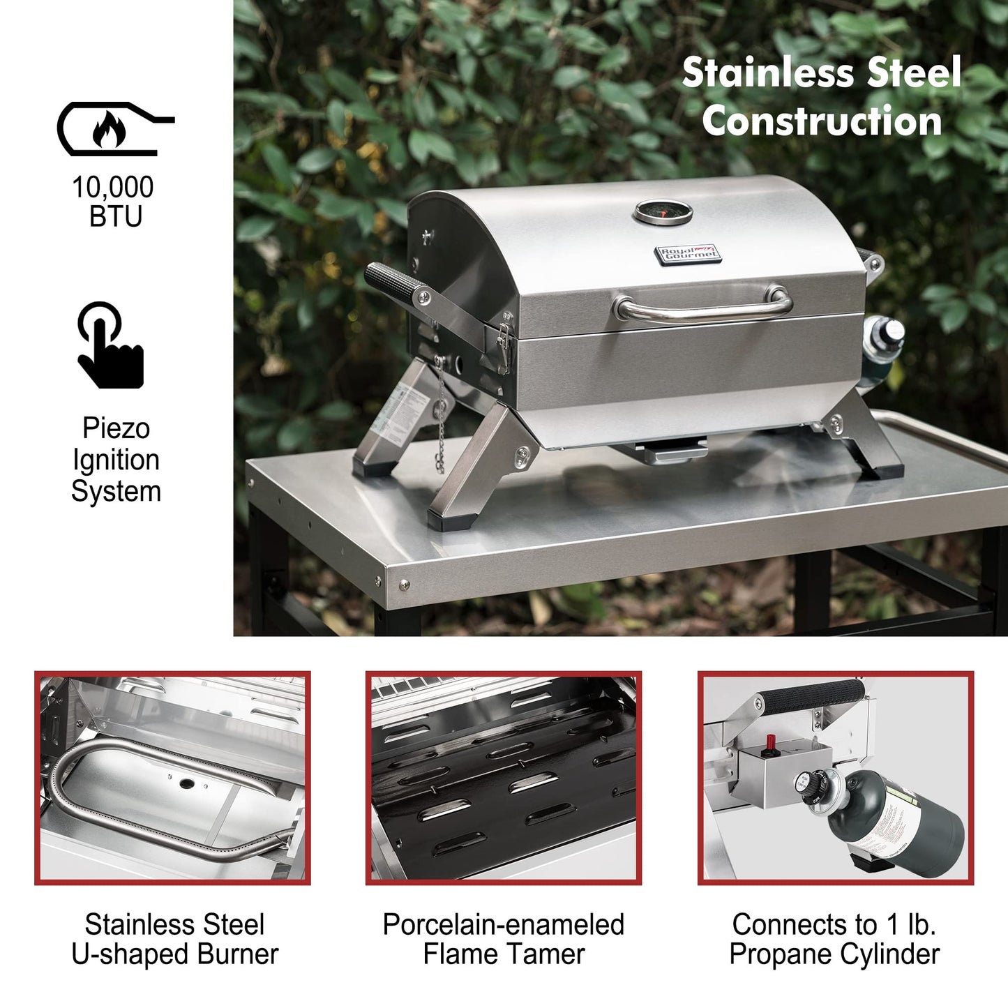 Grills House Stainless Steel Portable Grill with Two Handles and Travel Locks, Tabletop Propane Gas Grill with Folding Legs, 10000 BTU, for Picnic Cookout, GT2001, Silver