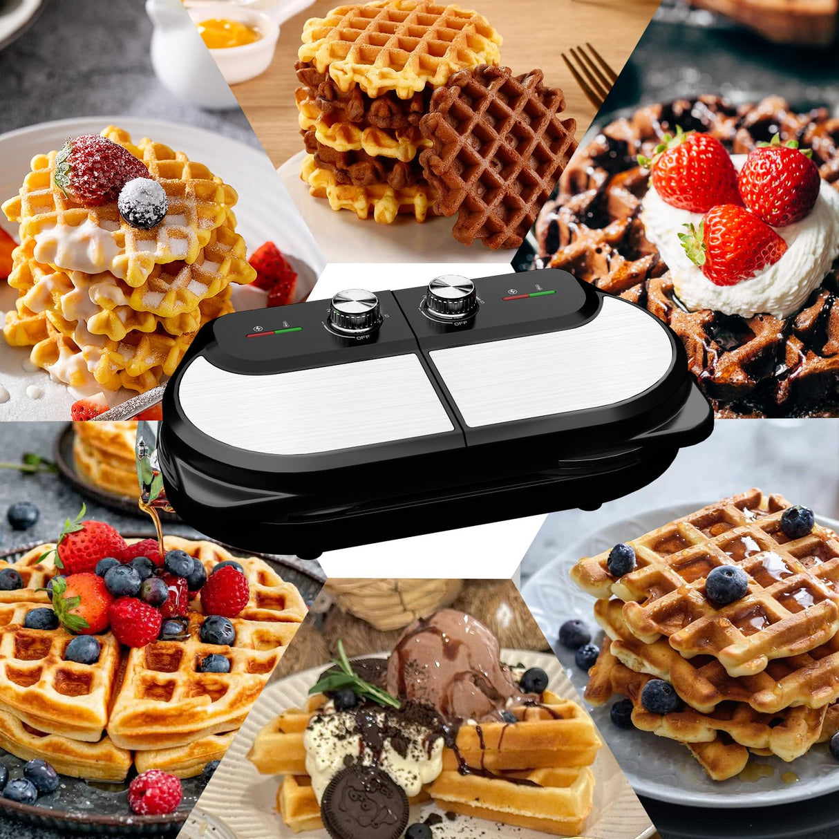 YASHE Double Waffle Maker 6 Inch, 1400W Belgian Waffle Maker for Breakfast and Snacks, Stainless Steel Waffle Iron with Nonstick Plates, Temperature Knob, Cool-Touch Handles YASHE