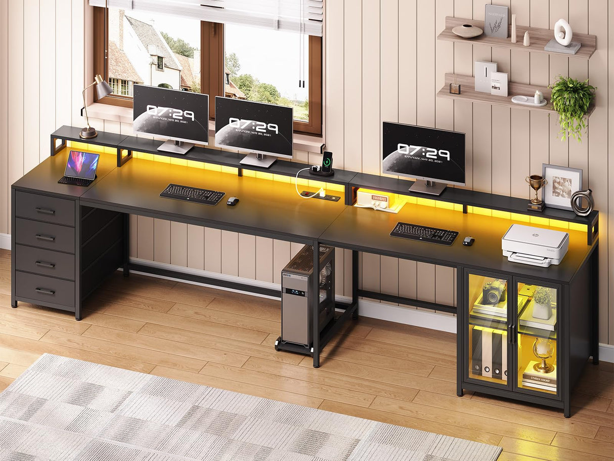 SEDETA L Shaped Gaming Desk with 4 Drawers, 109” Computer Desk with Display Cabinet, Home Office Desks with 2 Monitor Stands, CPU Stand, LED Lights and Power Outlet, Black SEDETA