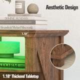 Livofloral Farmhouse Night Stands with Charging Station, End Tables with LED Lights, Bedside Table with Charger Station, Side Tables for Living Room with Storage & Barn Door, Rustic Brown End Table Livofloral