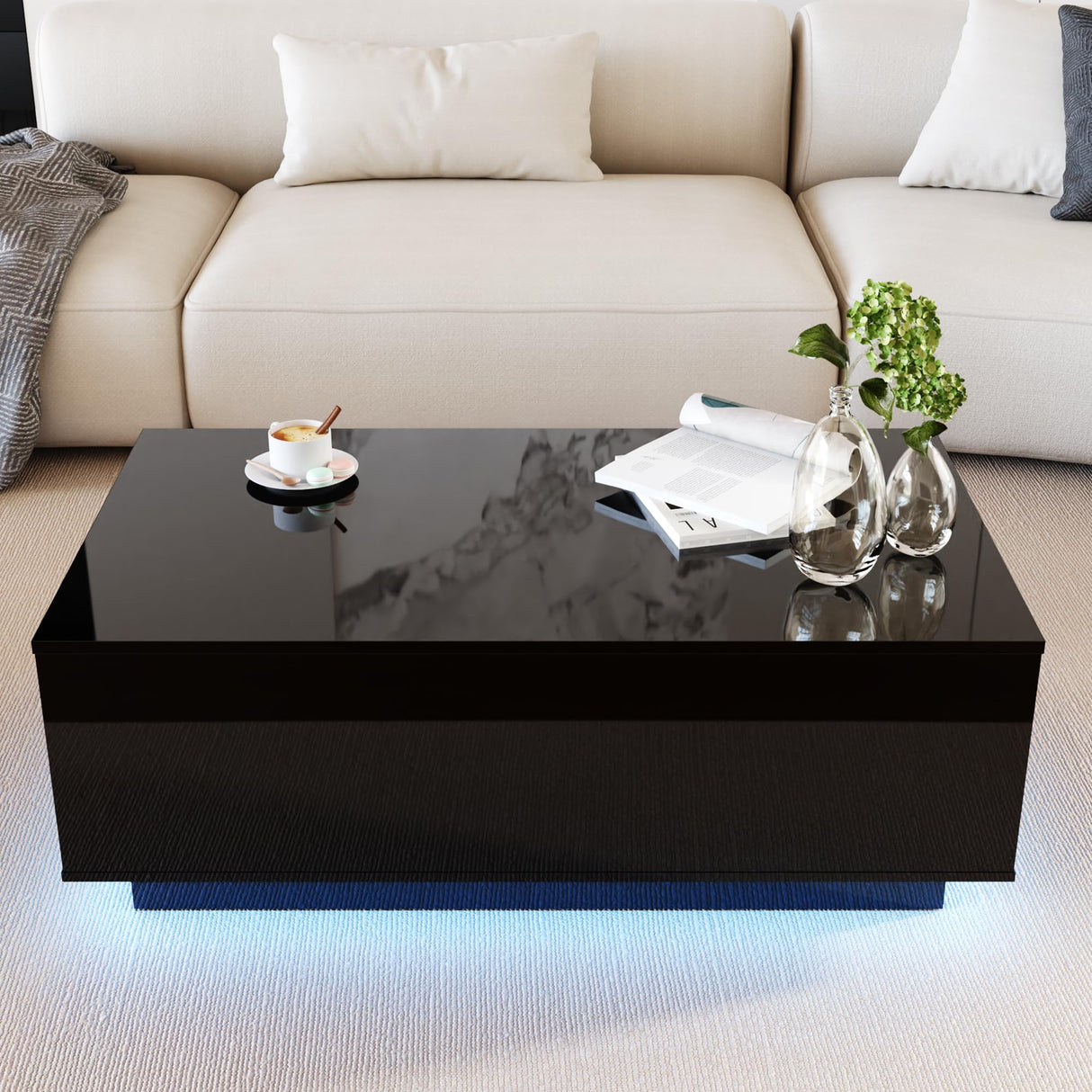 holzart High Glossy LED Coffee Table, led Coffee Table with 2 Drawers, Modern Coffee Table for Living Room, Black Coffee Table 41.33" W x 23.62" D holzart
