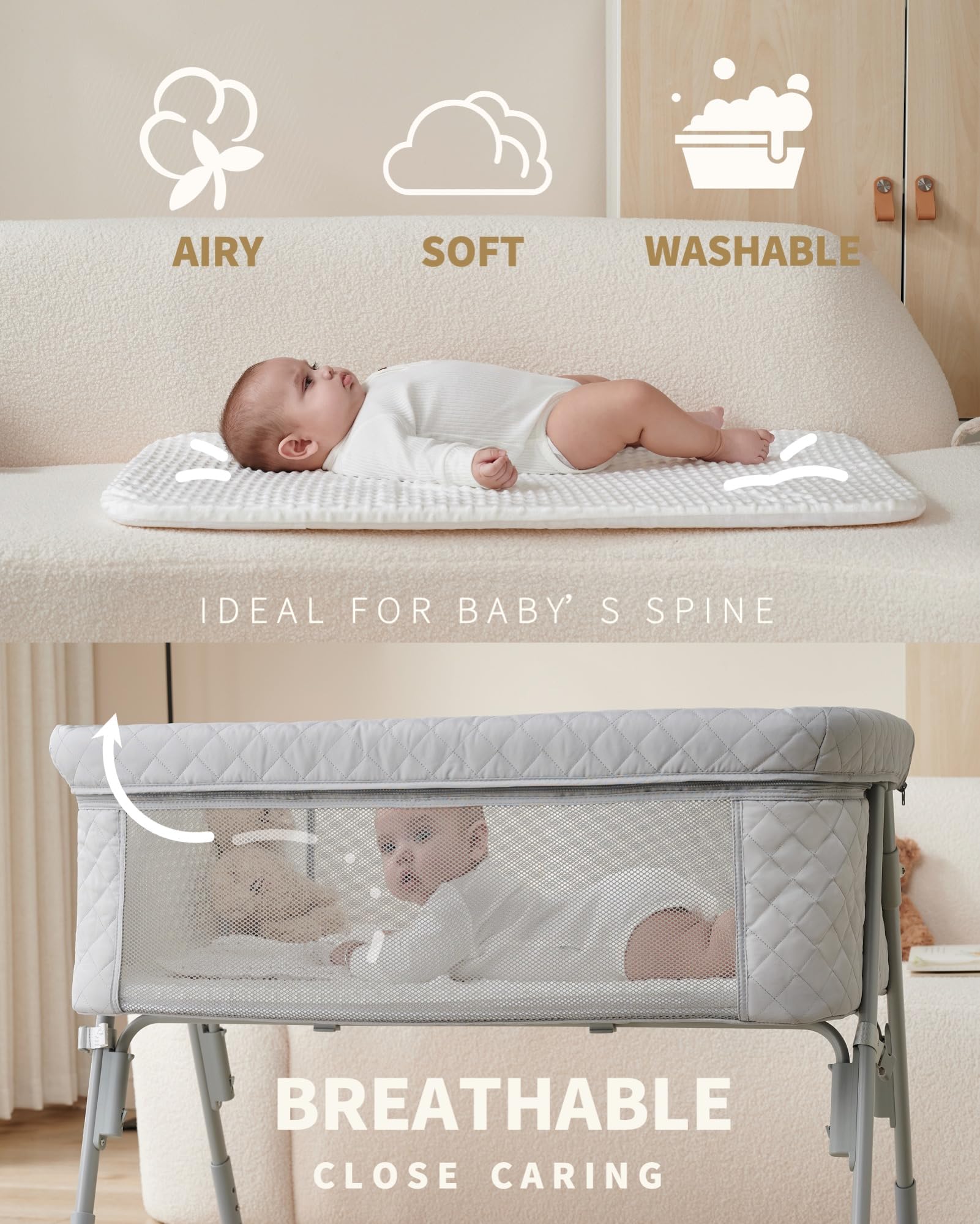 AirClub Bassinet Bedside Sleeper, Baby Bed Crib for Newborn, Bedside Crib Sleeper with 4 Auto-Lock & Adjustable Height, Breathable Mesh&Mattress - WoodArtSupply