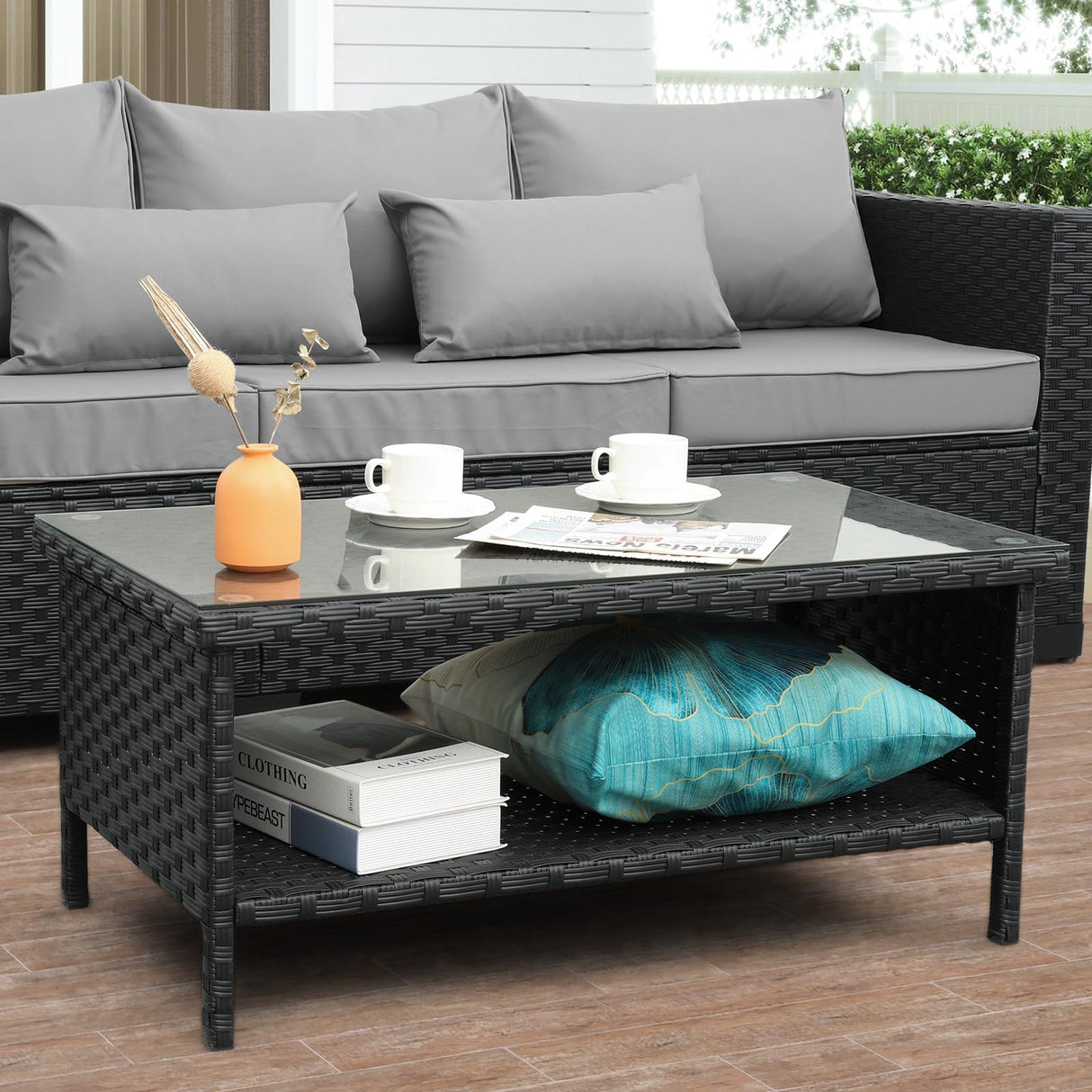 Outdoor Wicker Coffee Table Patio Furniture Garden Rattan 2-Layer Glass Table with Storage and Furniture Cover, Black Rattaner