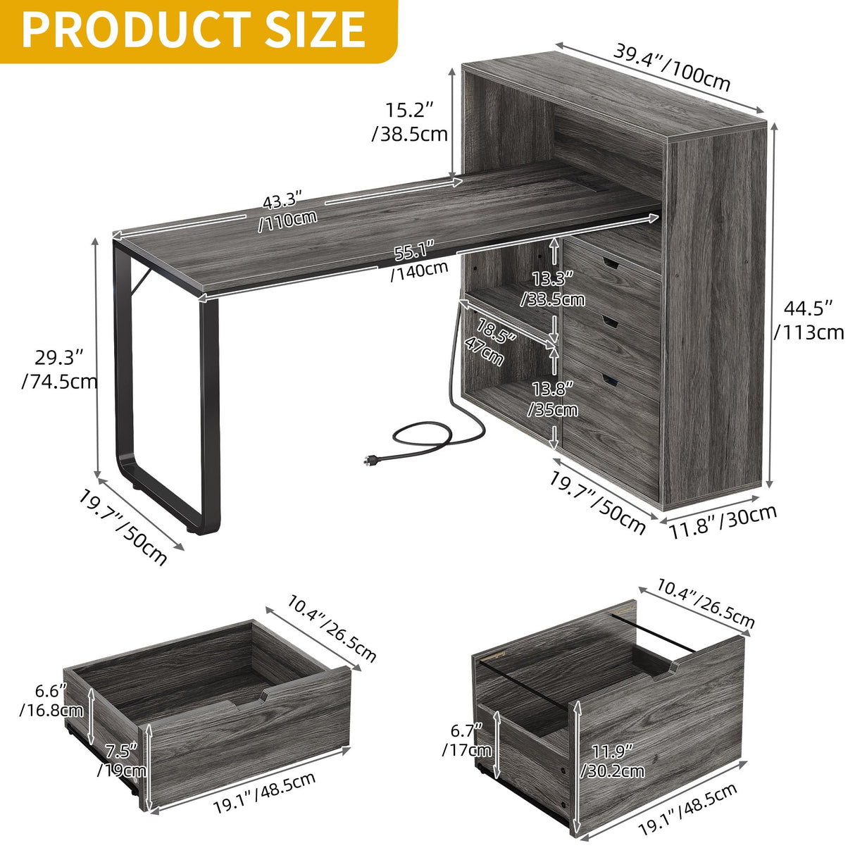 DWVO L Shaped Desk with Drawers & Power Outlets, 55" Computer Desk with Bookshelf, Corner Desk Home Office Desk with Storage Shelves & LED Lights, Grey DWVO