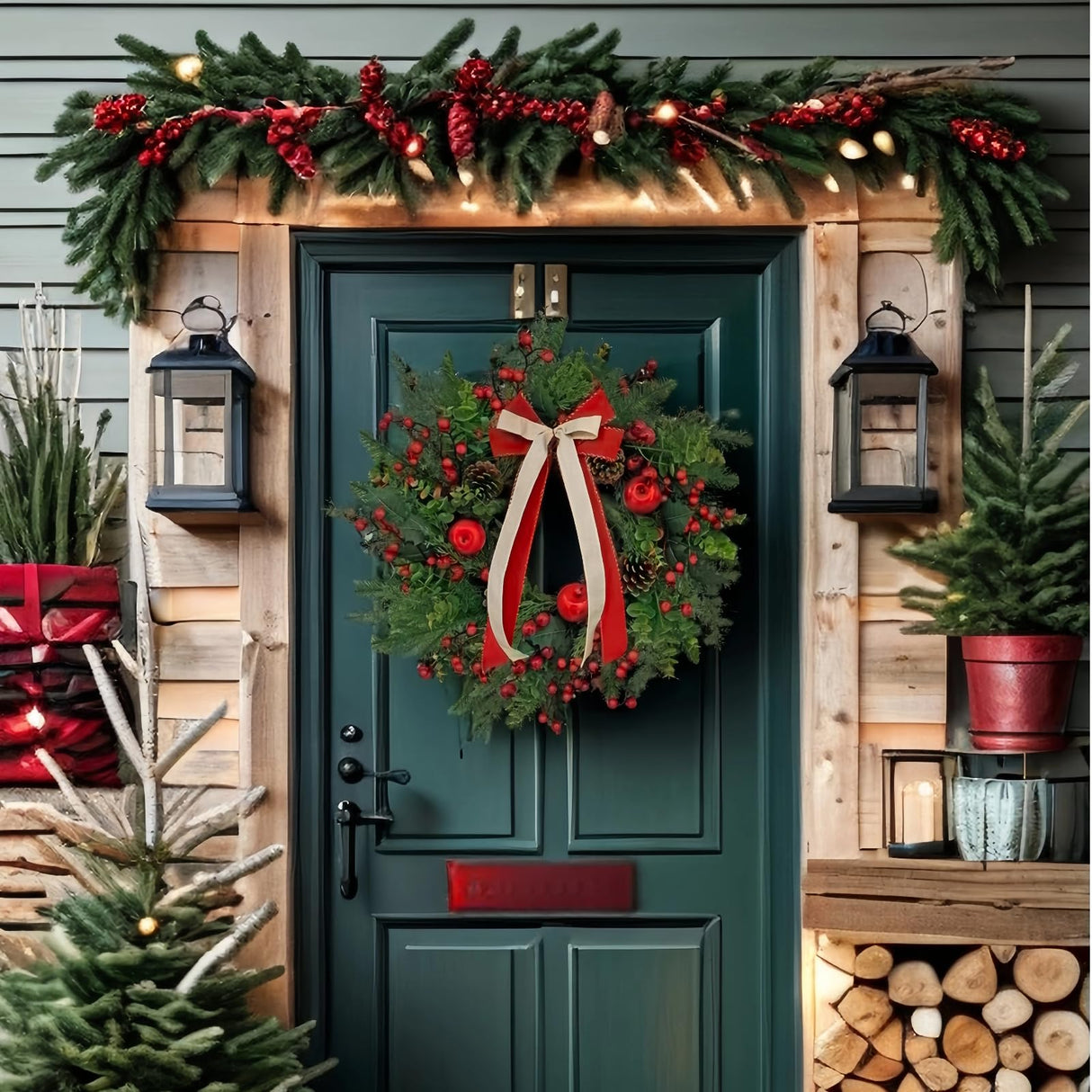 ARTINCRAFIO 24 Inch Christmas Wreath: Includes Red Bow & Zipped Storage Bag - Red Apple Berry Lush Foliage Wreaths for Front Door - Perfect Easy Post-Season Storage for Year-Round Use ARTINCRAFIO