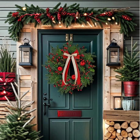 ARTINCRAFIO 24 Inch Christmas Wreath: Includes Red Bow & Zipped Storage Bag - Red Apple Berry Lush Foliage Wreaths for Front Door - Perfect Easy Post-Season Storage for Year-Round Use ARTINCRAFIO