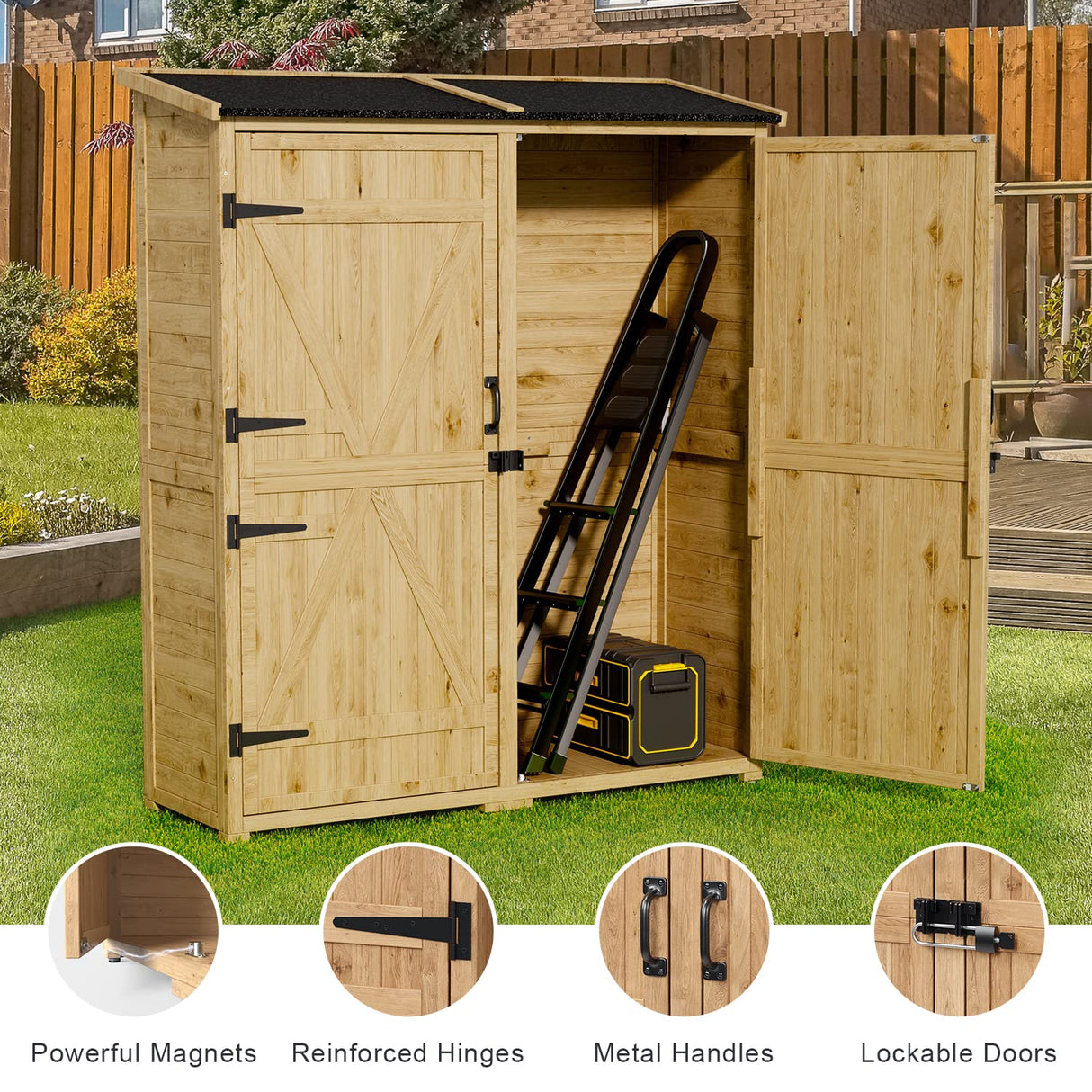 Gizoon Outdoor Storage Cabinet with Waterproof Roof, Double Lockable Doors Garden Shed with 2 Removable Shelves, Wooden Storage Shed with Large Storage Space for Patio, Garden, Backyard, Lawn Gizoon