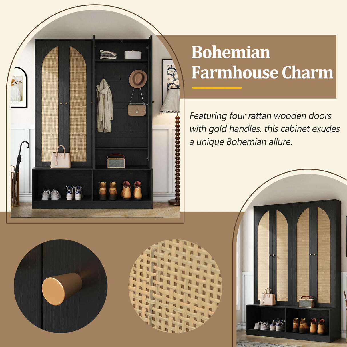 LUMISOL Farmhouse Widen Hall Tree with 4 Rattan Doors for Entryway, 4-in-1 Seating Bench with 6 Hidden Hooks, 78.7”H Entryway Shoe Cabinet with Open Bottom Compartments and Adjustable Shelf, Black LUMISOL