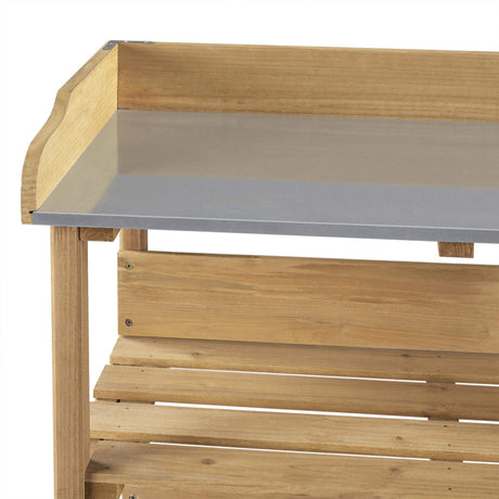 Yaheetech Outdoor Garden Potting Bench Table Wooden Horticulture Planting Worstation w/Metal Tabletop/Storage Shelf/3 Hooks, Natural Wood Yaheetech