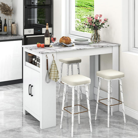 Giantex Bar Table, 47” Counter Height Dining Table with 7 Hanging Hooks, Compartment, Cabinet & Adjustable Shelf, High Top Table, Faux Marble Pub Table for Kitchen Breakfast Nook Small Space, White Giantex
