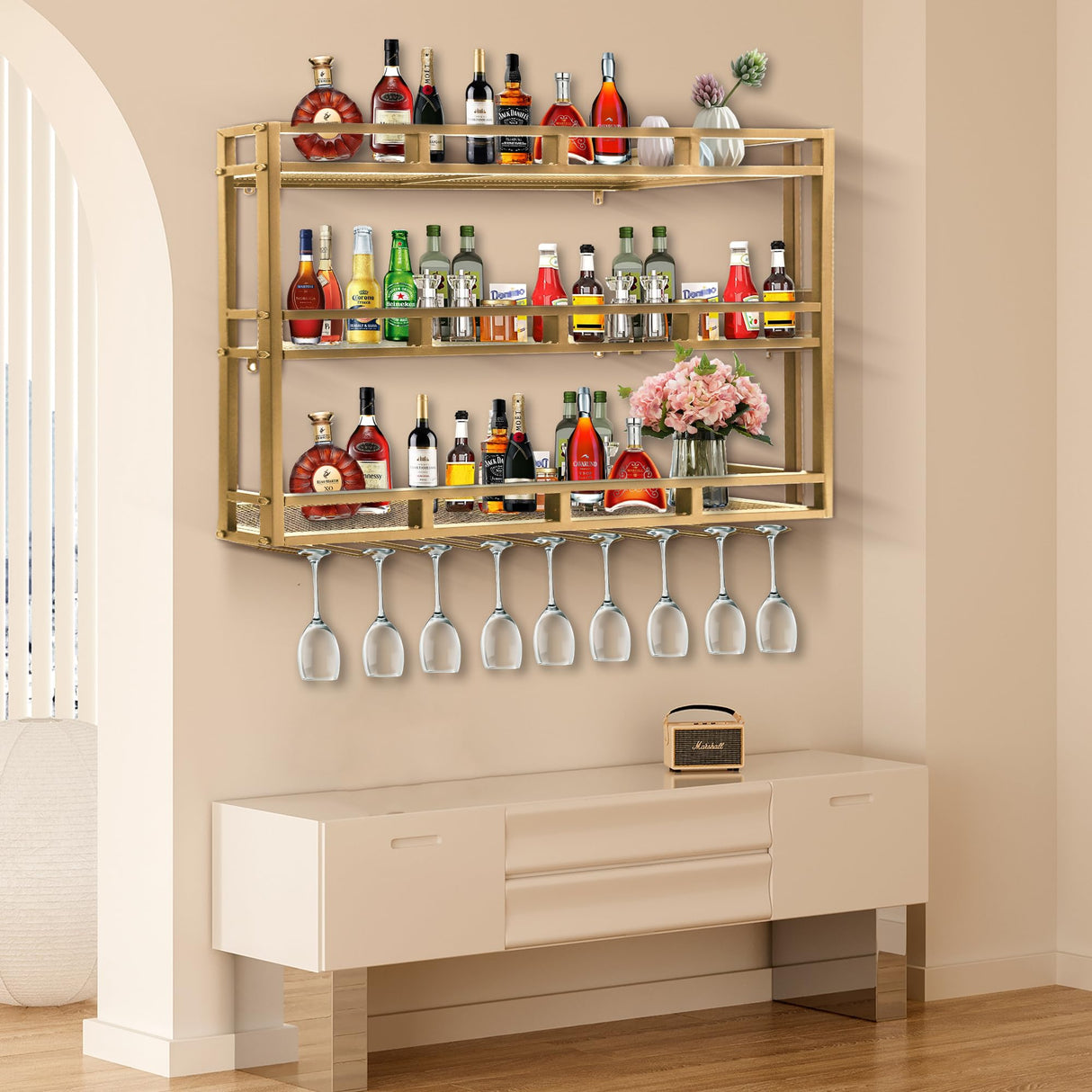 HFTUW Metal Wine Rack Wall Mounted, Bar Shelves for Liquor Bottles with LED Light, 3 Tier Large Capacity Liquor Rack Wall Mounted with Glass Holder for Home Bar & Dining Room （Gold, 39in/100cm） HFTUW