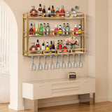 HFTUW Metal Wine Rack Wall Mounted, Bar Shelves for Liquor Bottles with LED Light, 3 Tier Large Capacity Liquor Rack Wall Mounted with Glass Holder for Home Bar & Dining Room （Gold, 47in/120cm） HFTUW
