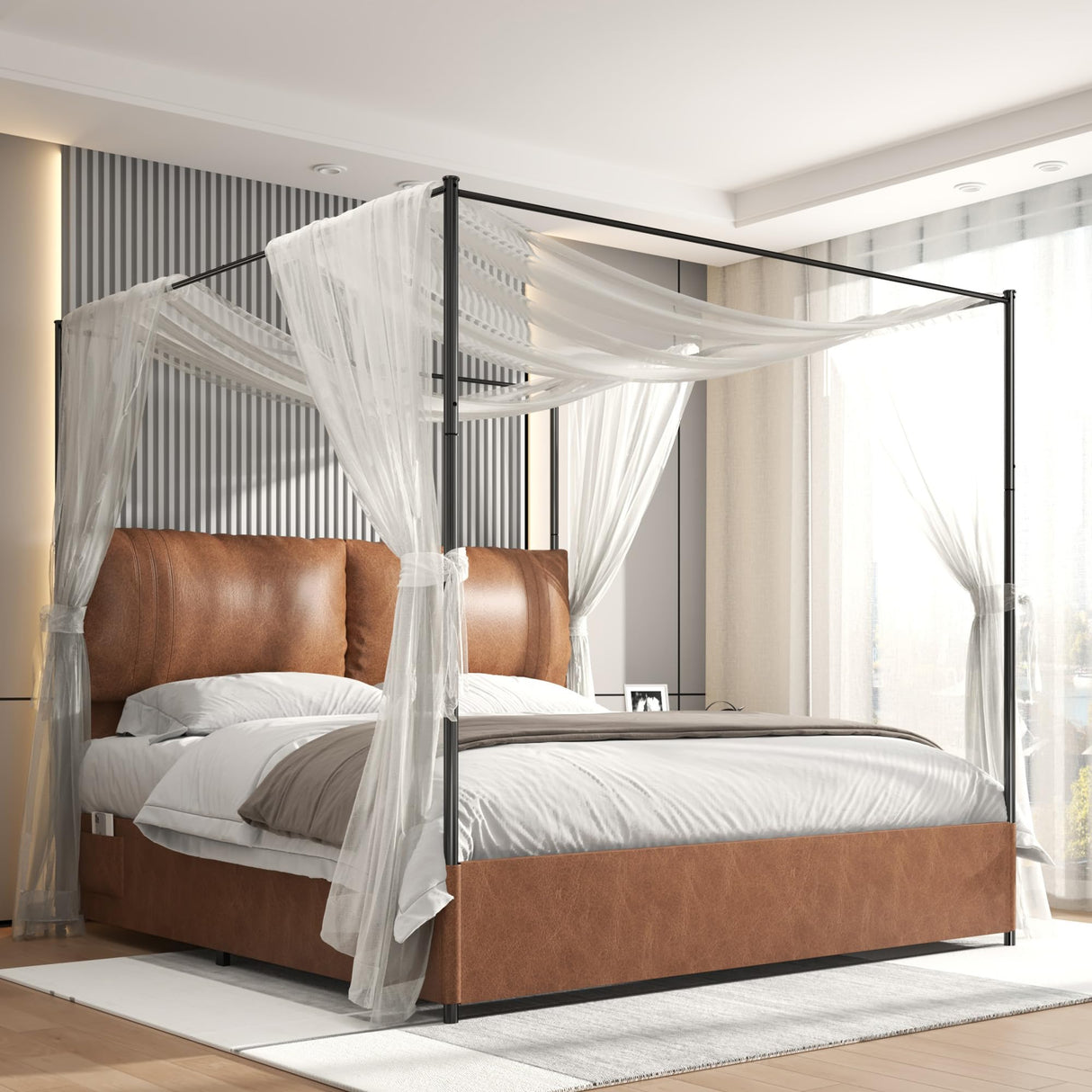 PAUKIN Canopy Bed Frame King Size with Upholstered Headboard, Sturdy and Stable, Easy to Assemble, Metal Bar Support, no Spring Mattress Required. (Brown, King) PAUKIN