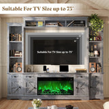 AMERLIFE 98in Farmhouse Entertainment Center with 36" Fireplace, TV Stand, Bookshelves, Wine Cabinet, Fits 75" TVs, Large Wall Unit Media Console with Power Outlets & Barn Doors, Living Room, Grey AMERLIFE